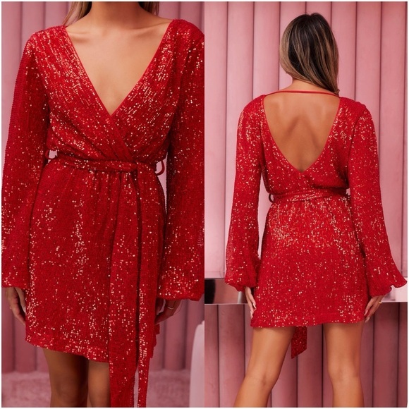 HELLO MOLLY Static Memory Sequin Dress In Red - Picture 1 of 10